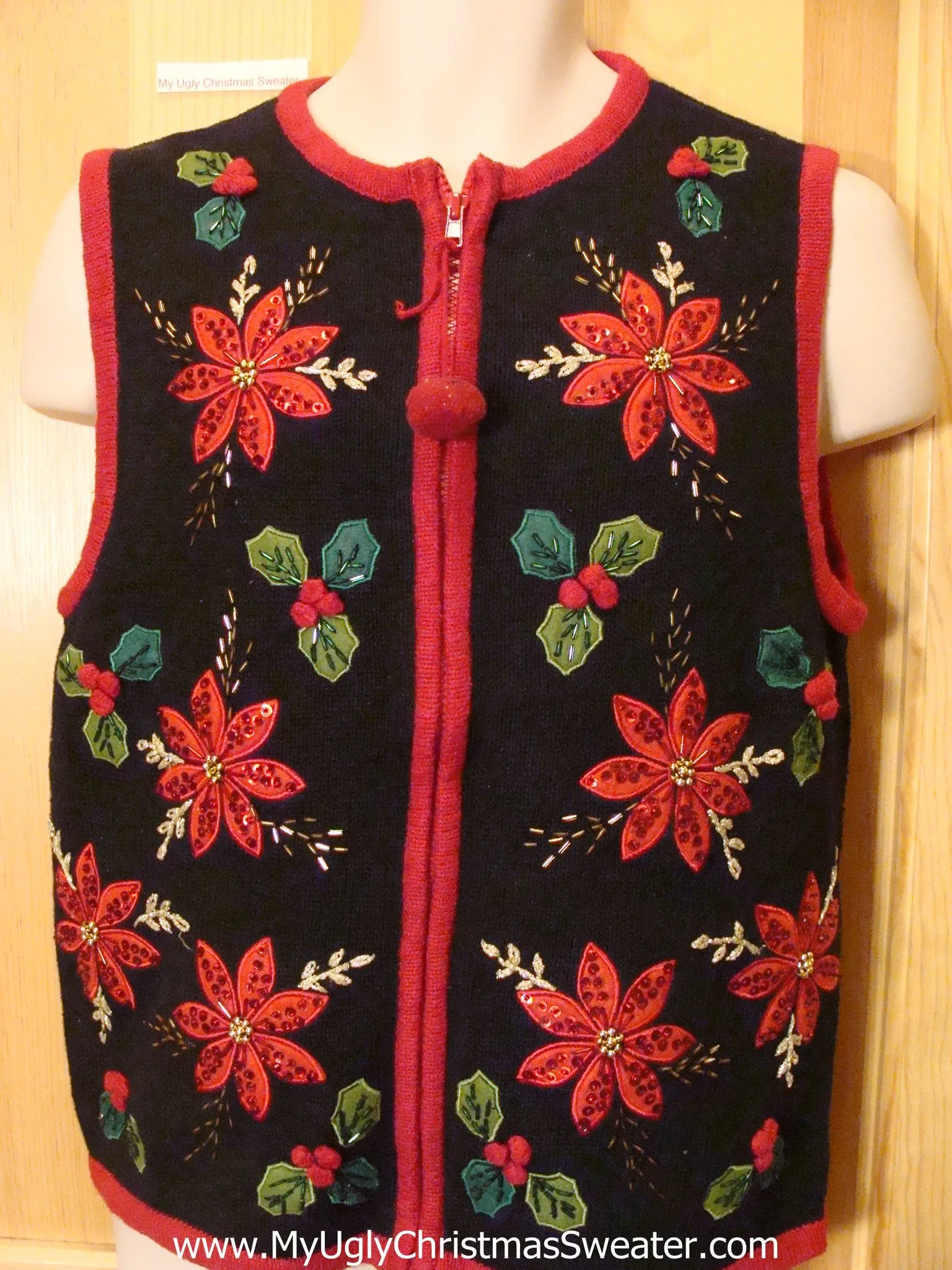 2sided Black Funny Ugly Sweater with Poinsettias and Bling