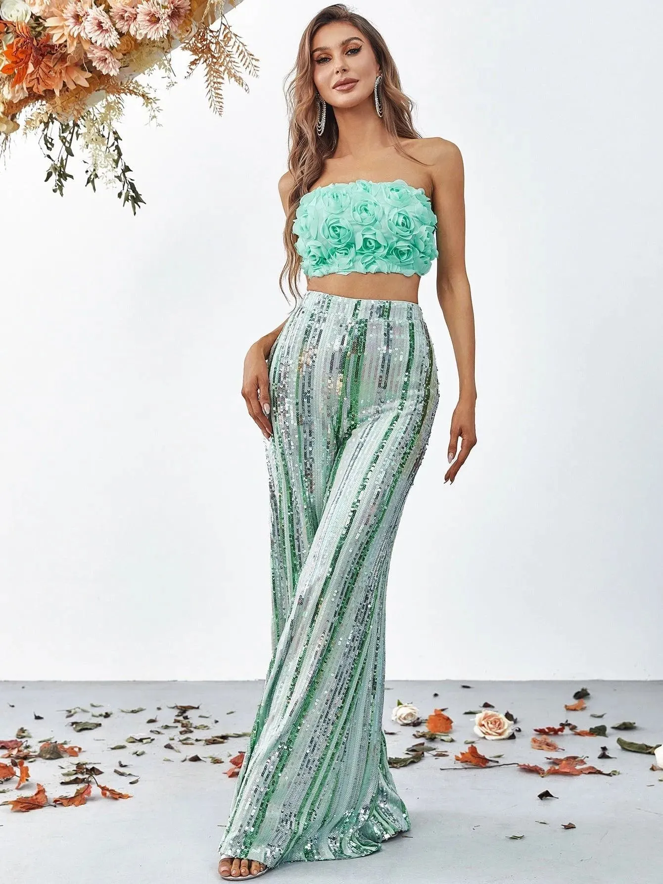 3D Flowers Tube Top & Sequin Wide Leg Pants