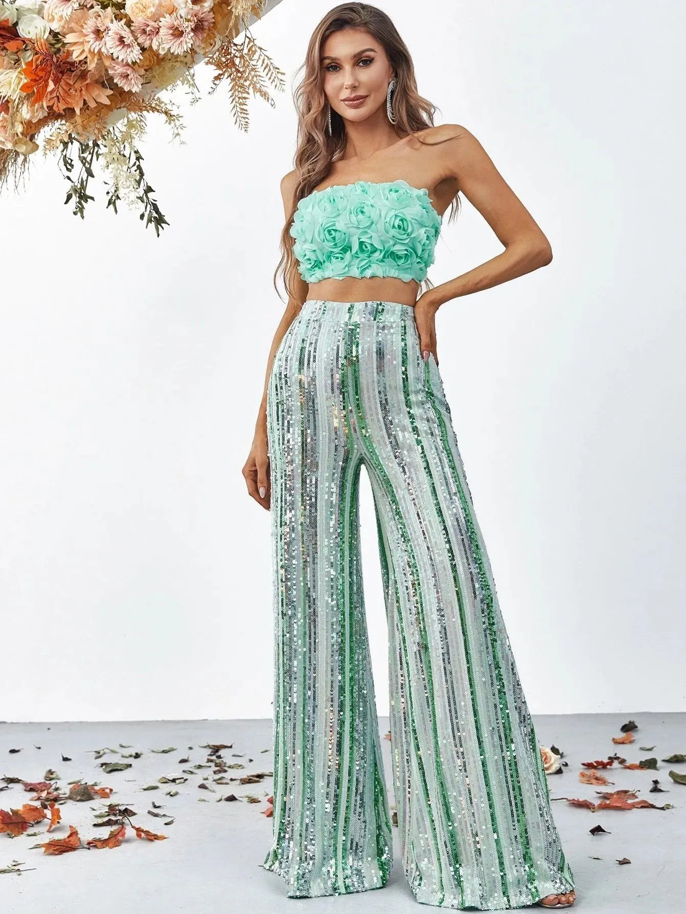 3D Flowers Tube Top & Sequin Wide Leg Pants