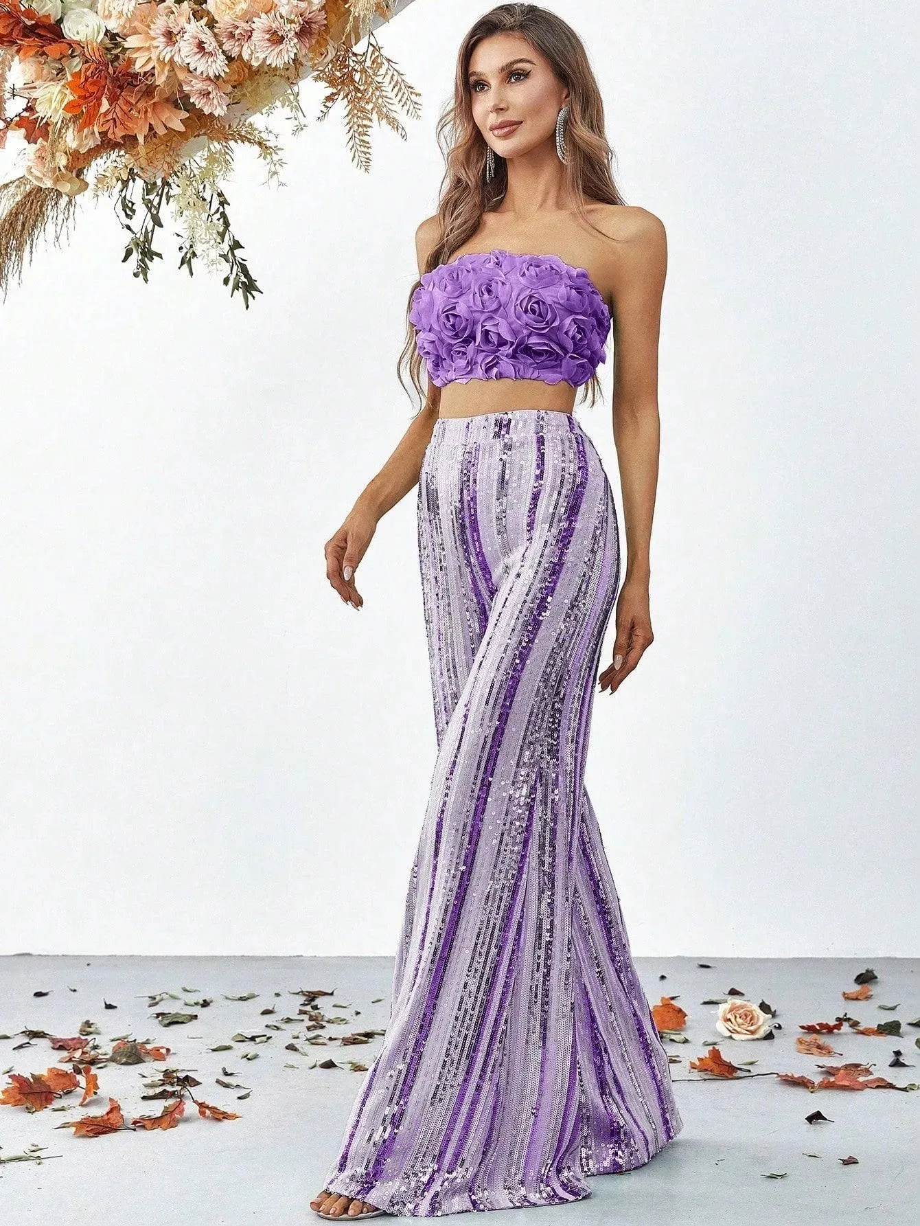 3D Flowers Tube Top & Sequin Wide Leg Pants