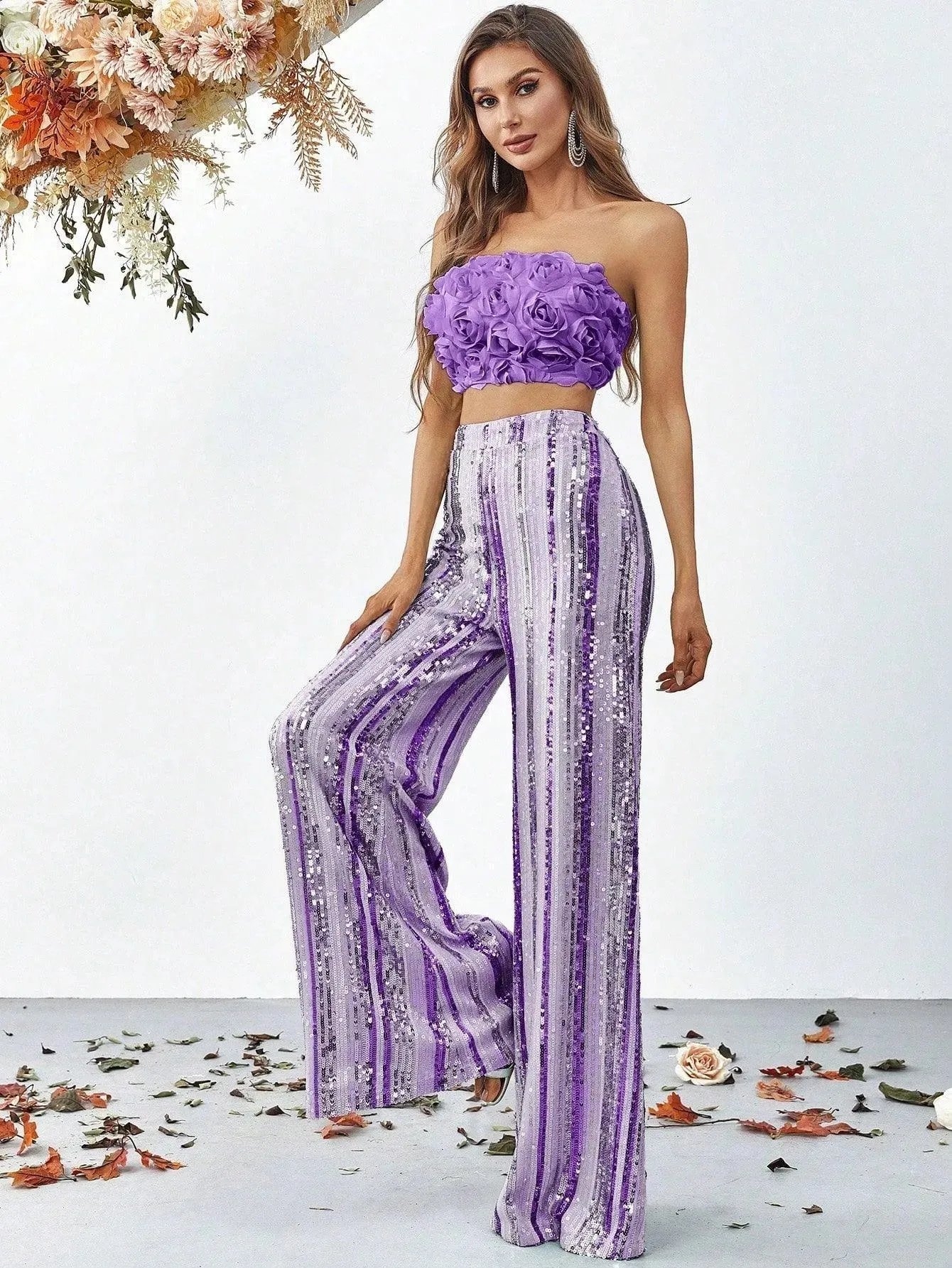 3D Flowers Tube Top & Sequin Wide Leg Pants