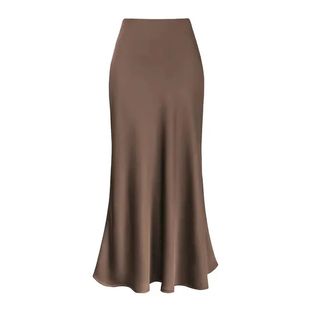 A-Line Pleated Long Skirts Summer Women 2024 Korean Skirt Streetwear Elastic Waist Solid Elegant Satin Dress платье For Ladies