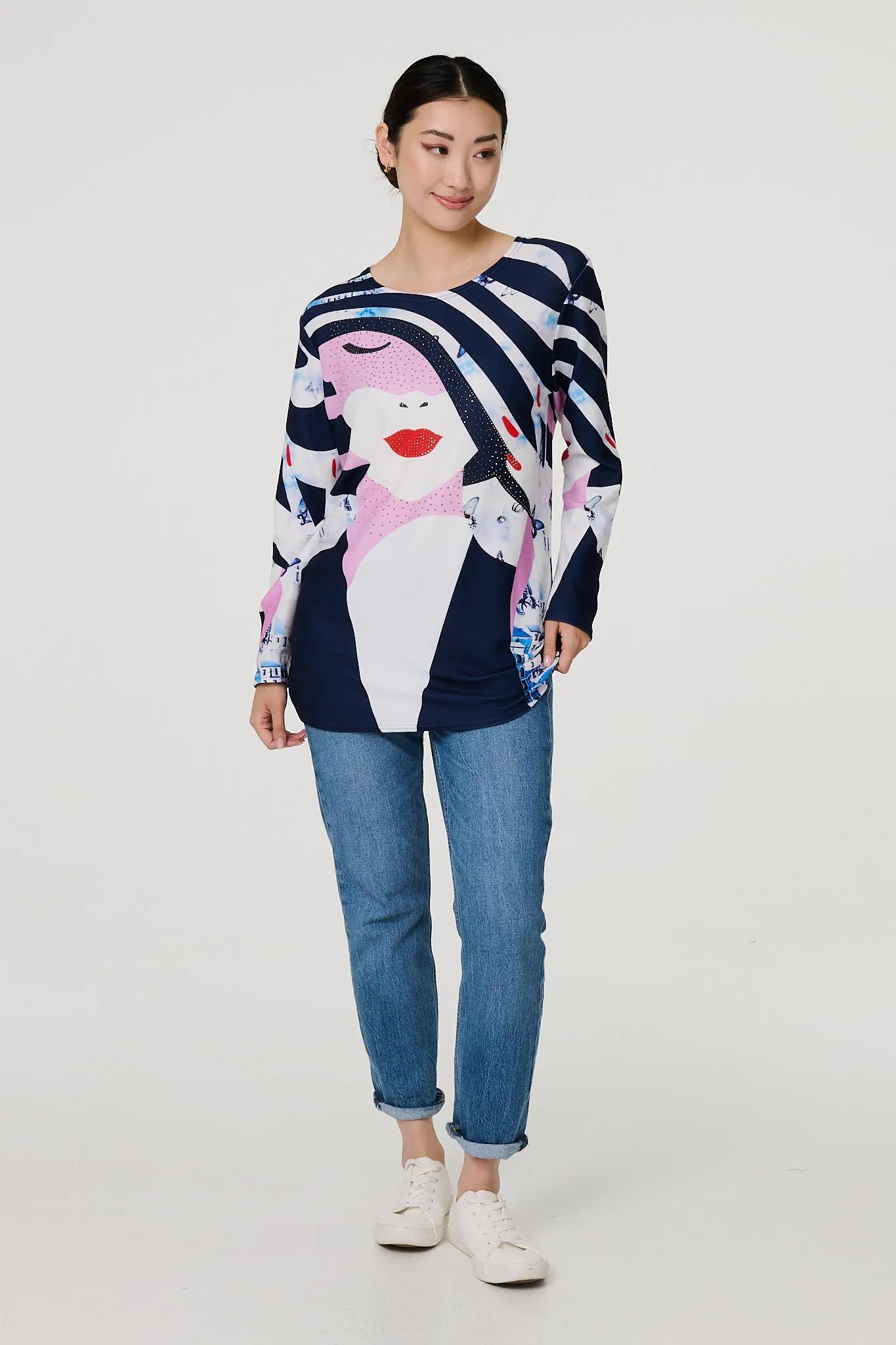 Abstract Print Long Sleeve Tunic Top