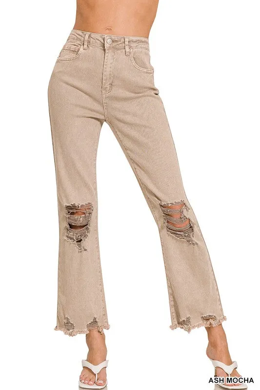 Acid Washed High Waist Distressed Straight Pants