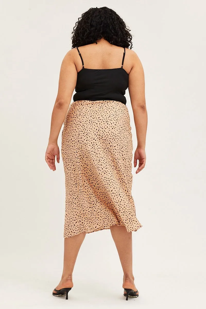 Animal Print Satin Slit Midi Skirt