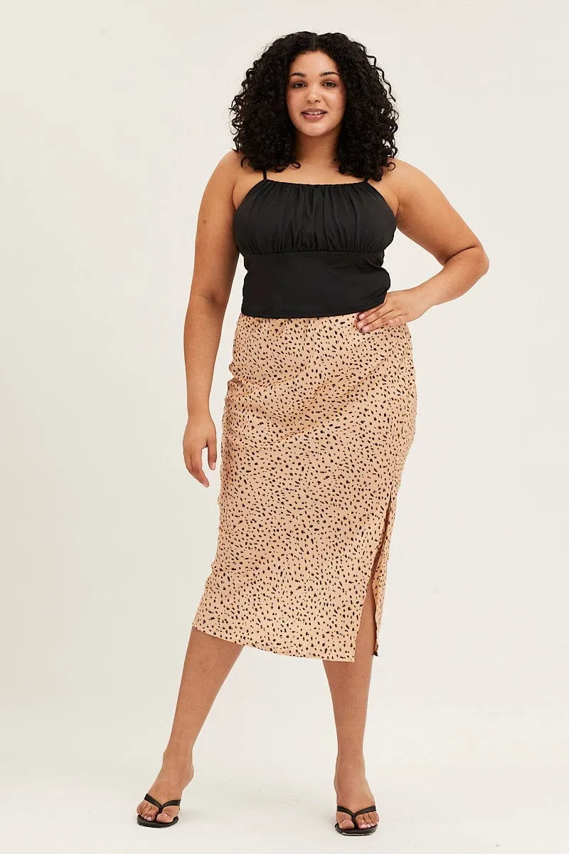 Animal Print Satin Slit Midi Skirt