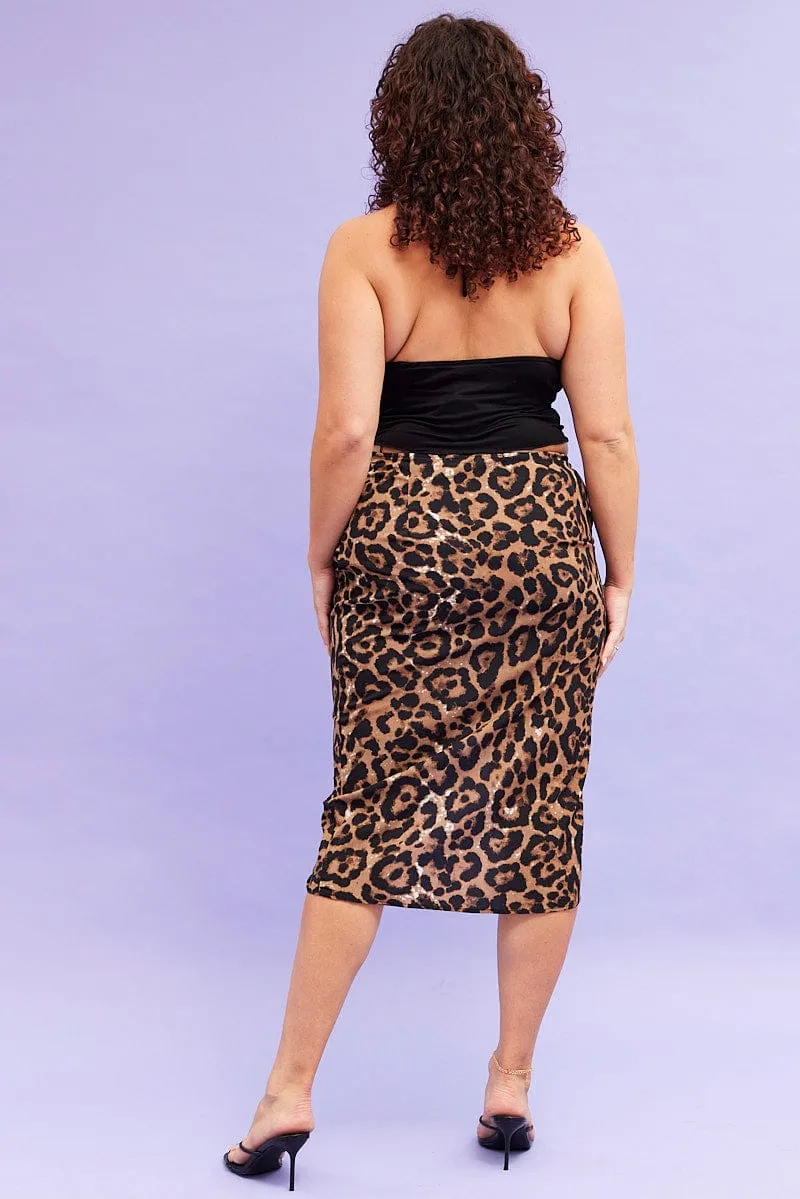 Beige Animal Print Midi Skirt High Waist Ruched