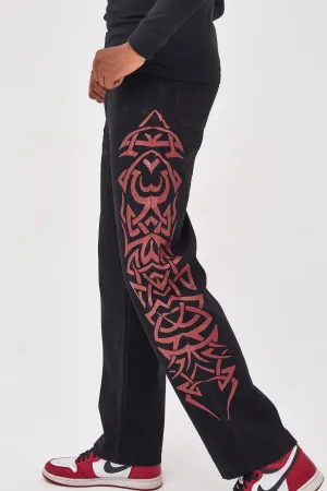 Black Skate Fit Jeans With Red Tribal Detail