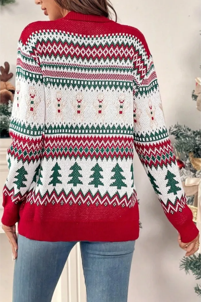 Christmas Print Knit Button-Down Loose Cardigan