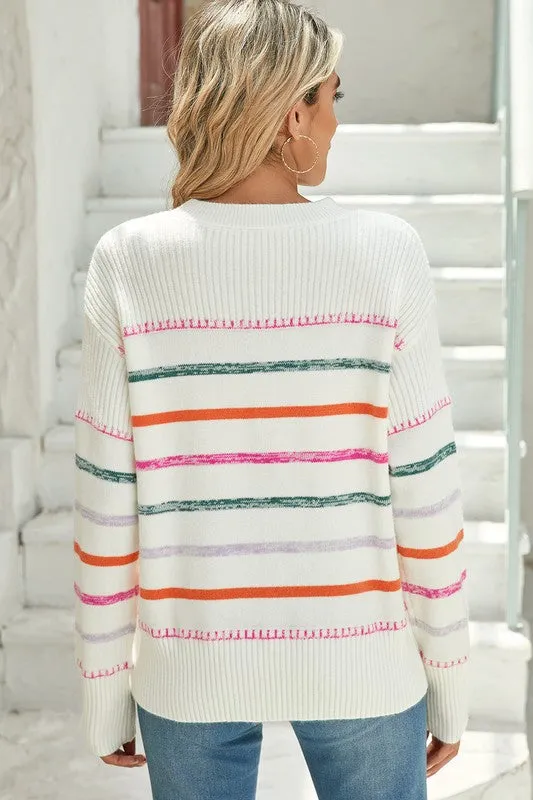 Colorful Striped Ribbed Trim Round Neck Sweater