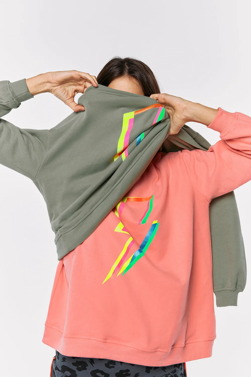 Coral with Rainbow Lightning Bolt Oversized Sweatshirt