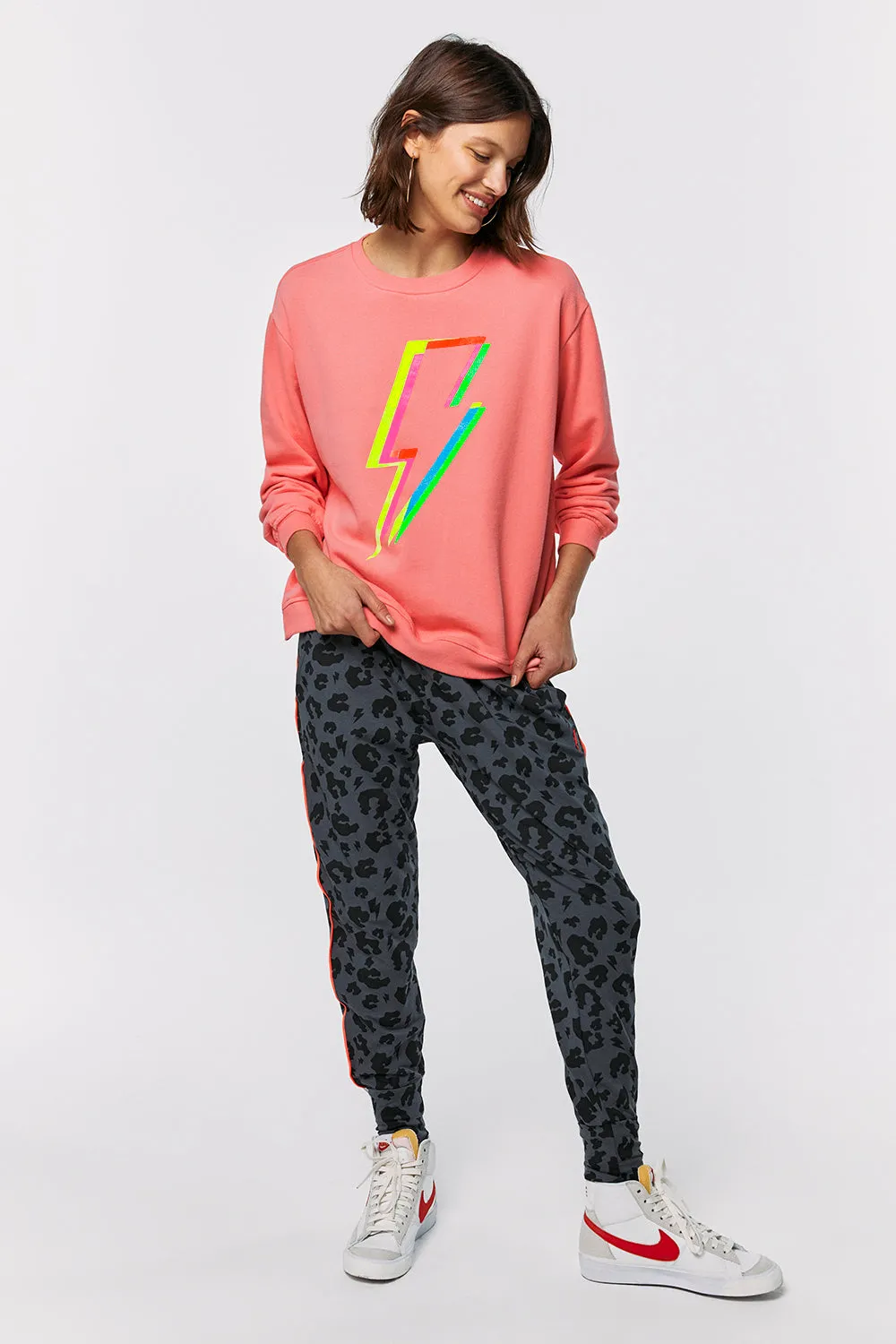 Coral with Rainbow Lightning Bolt Oversized Sweatshirt