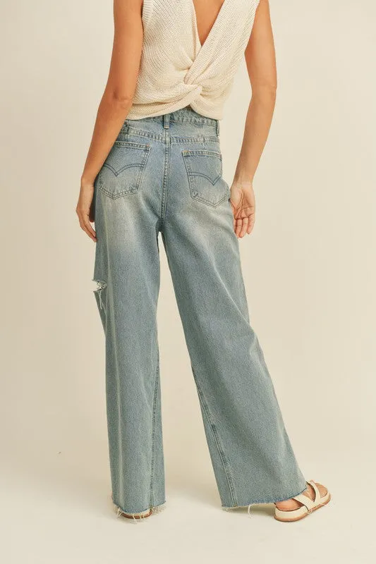 Cut Out Wide Leg Denim Pants