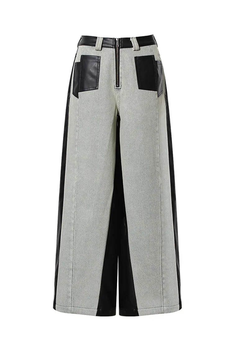 Deconstructed Contrast Exposed Zipper Wide Leg Vegan Leather Hybrid Jeans