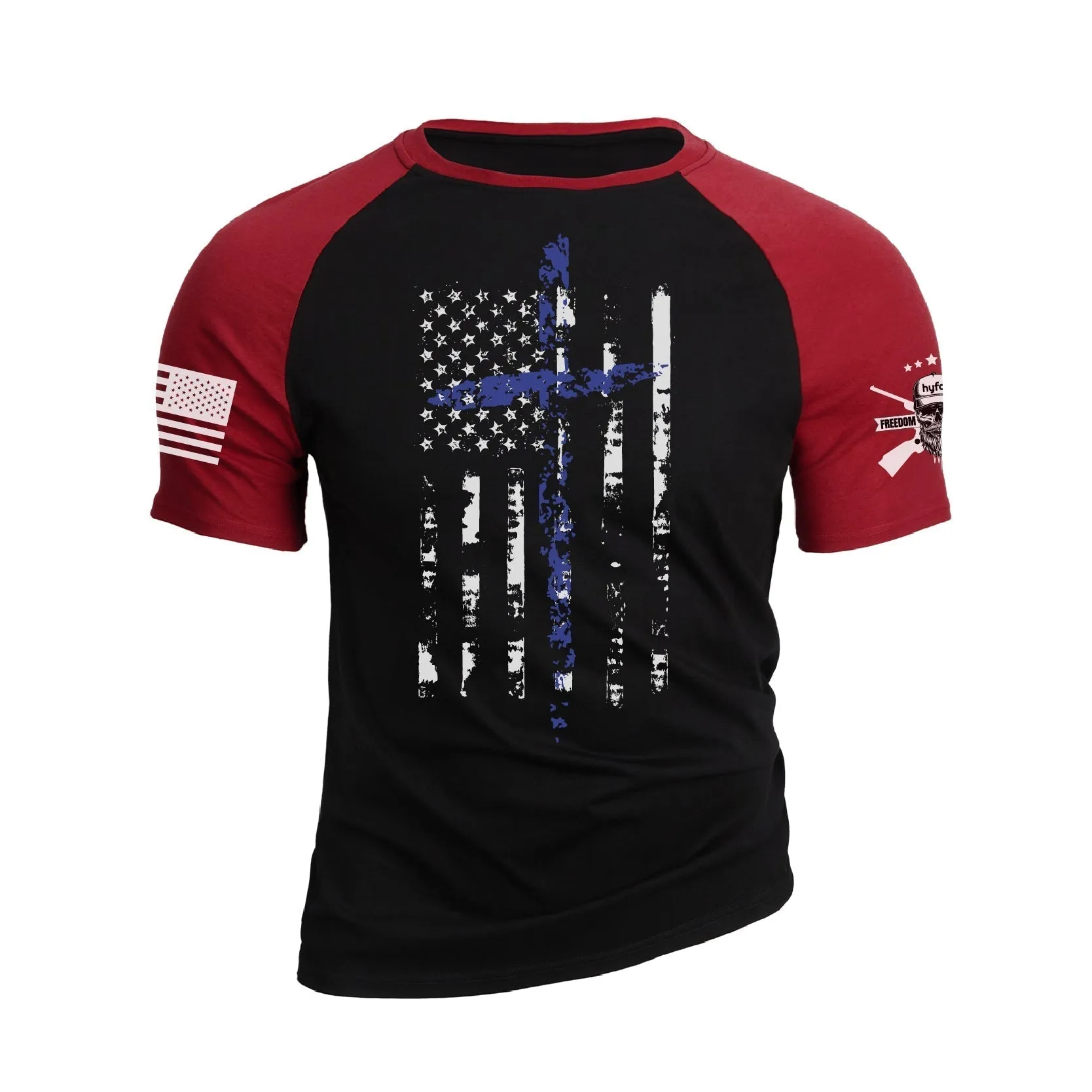 DISTRESSED USA FLAG CROSS RAGLAN GRAPHIC TEE