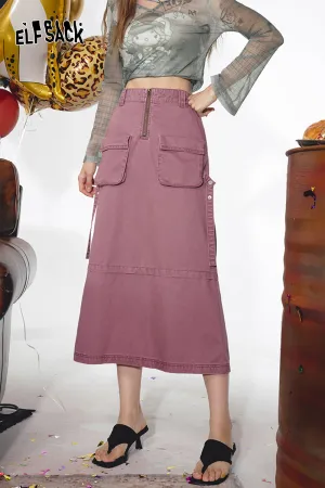 ELFSACK 2024 Summer New Arrivals Washed denim workwear skirt, women's large pocket, pure cotton long skirt