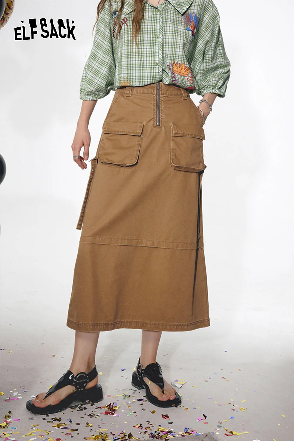 ELFSACK 2024 Summer New Arrivals Washed denim workwear skirt, women's large pocket, pure cotton long skirt