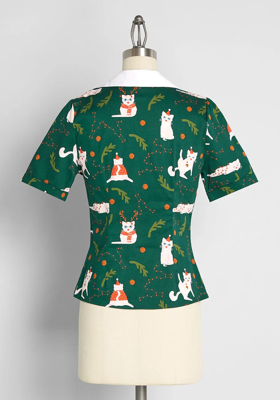 Felines Feeling Festive Button-Up Blouse