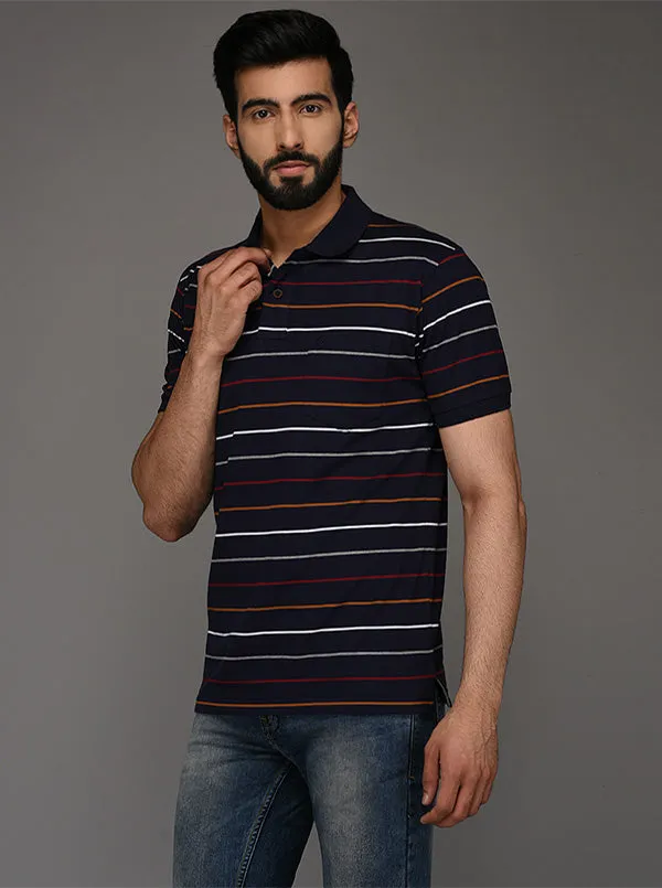 Greenfibre Navy Blue Striped Slim Fit Polo T-Shirt