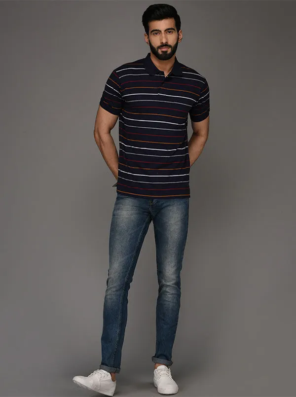 Greenfibre Navy Blue Striped Slim Fit Polo T-Shirt