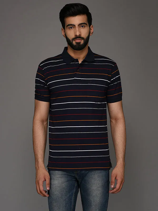 Greenfibre Navy Blue Striped Slim Fit Polo T-Shirt