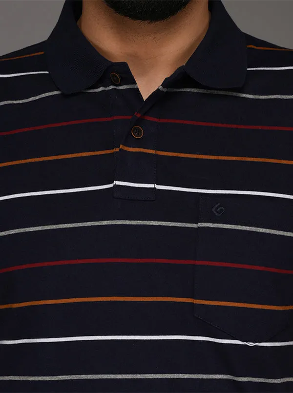 Greenfibre Navy Blue Striped Slim Fit Polo T-Shirt