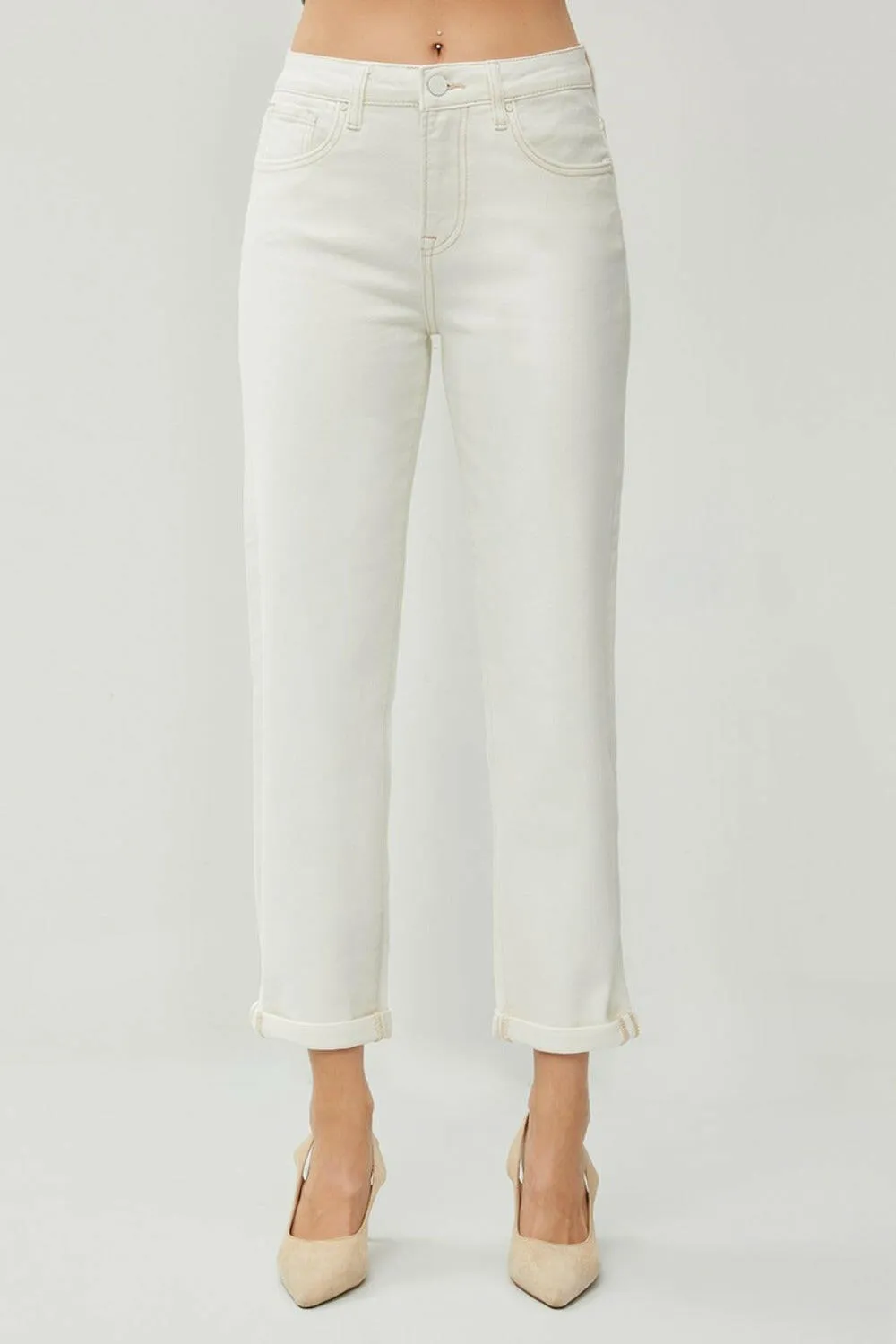 High Waist Rolled Hem Straight Jeans