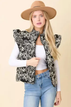 Hot Girl Delilah Floral Velvet Embroidered Denim Puffer Vest In Black