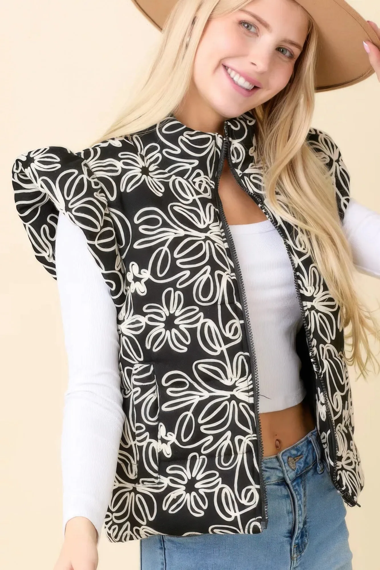 Hot Girl Delilah Floral Velvet Embroidered Denim Puffer Vest In Black