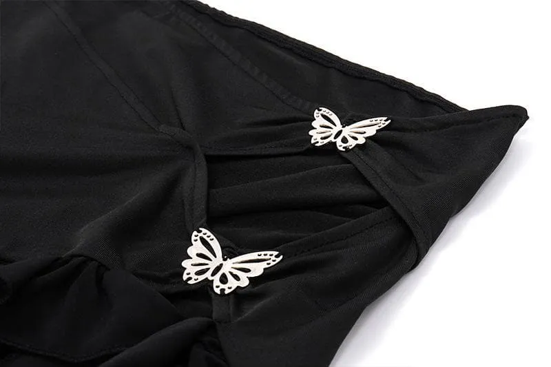 Irregular hollow out ribbon butterfly applique solid ruffle cut out mini skirt