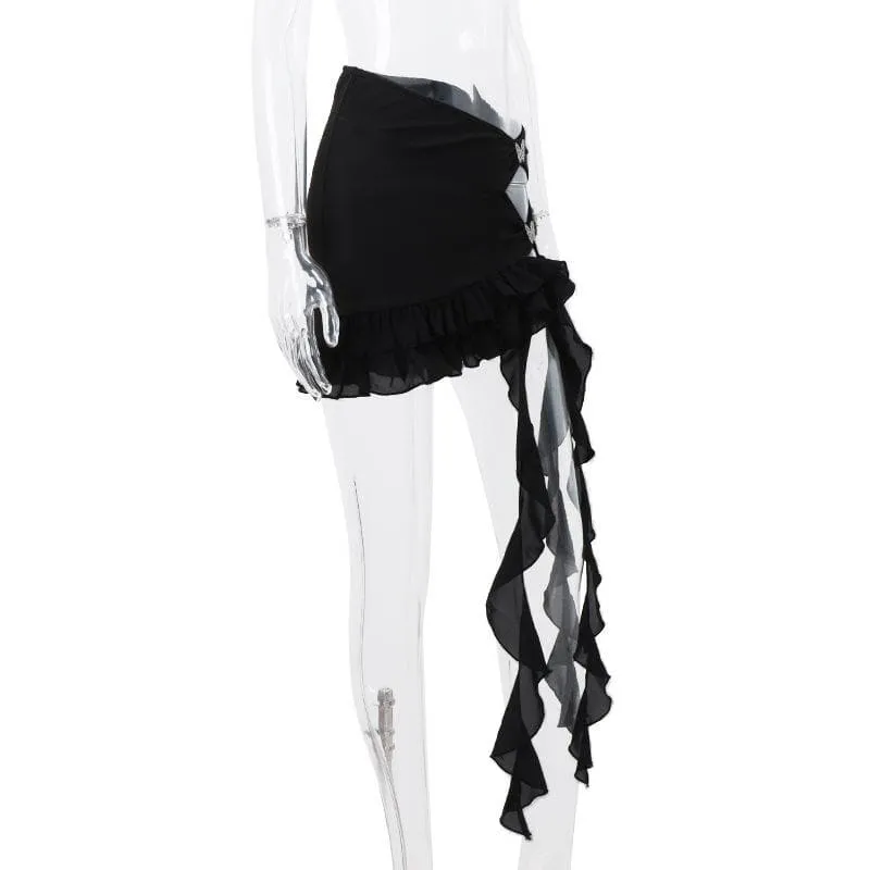 Irregular hollow out ribbon butterfly applique solid ruffle cut out mini skirt