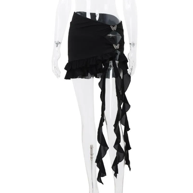 Irregular hollow out ribbon butterfly applique solid ruffle cut out mini skirt