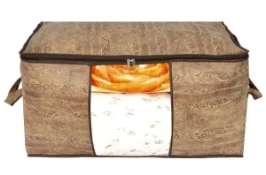 Kuber Industries Wooden Print Non Woven Fabric Foldable Clothes Storage Bag Wardrobe Organizer with Sturdy Zipper, Clear Window (Brown, 65 x 45 x 31 cm)