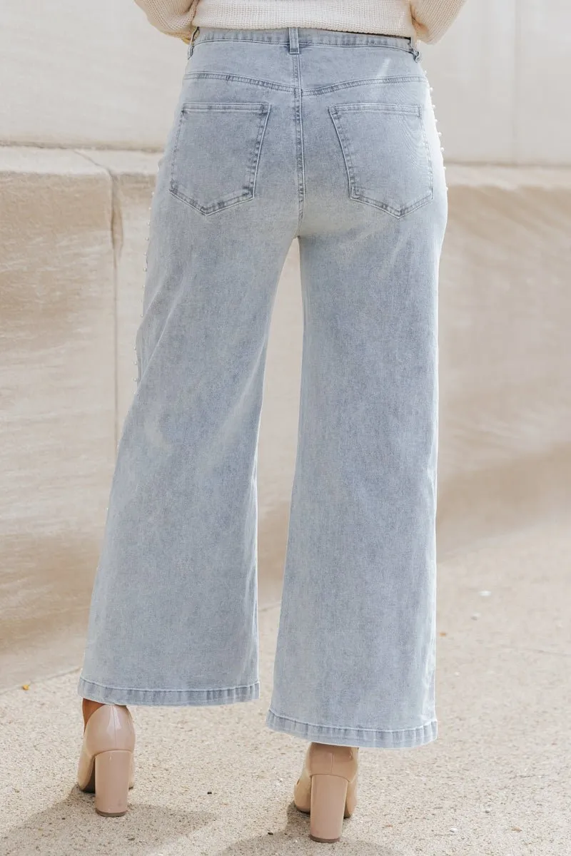 Light Wash Pearl Detail Cropped Jeans - DOORBUSTER