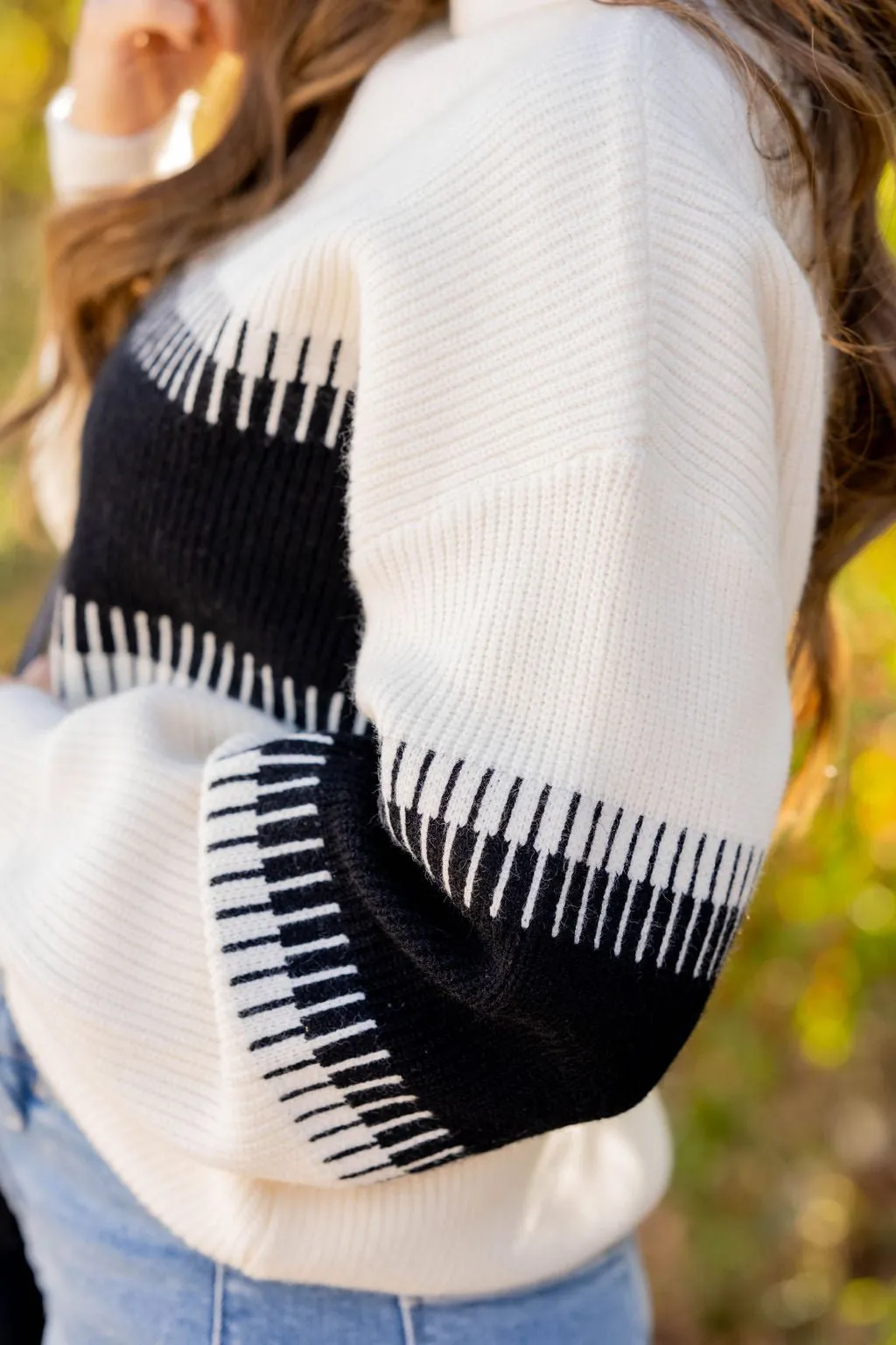 Lined Stripe Relaxed Sleeve Turtleneck Sweater