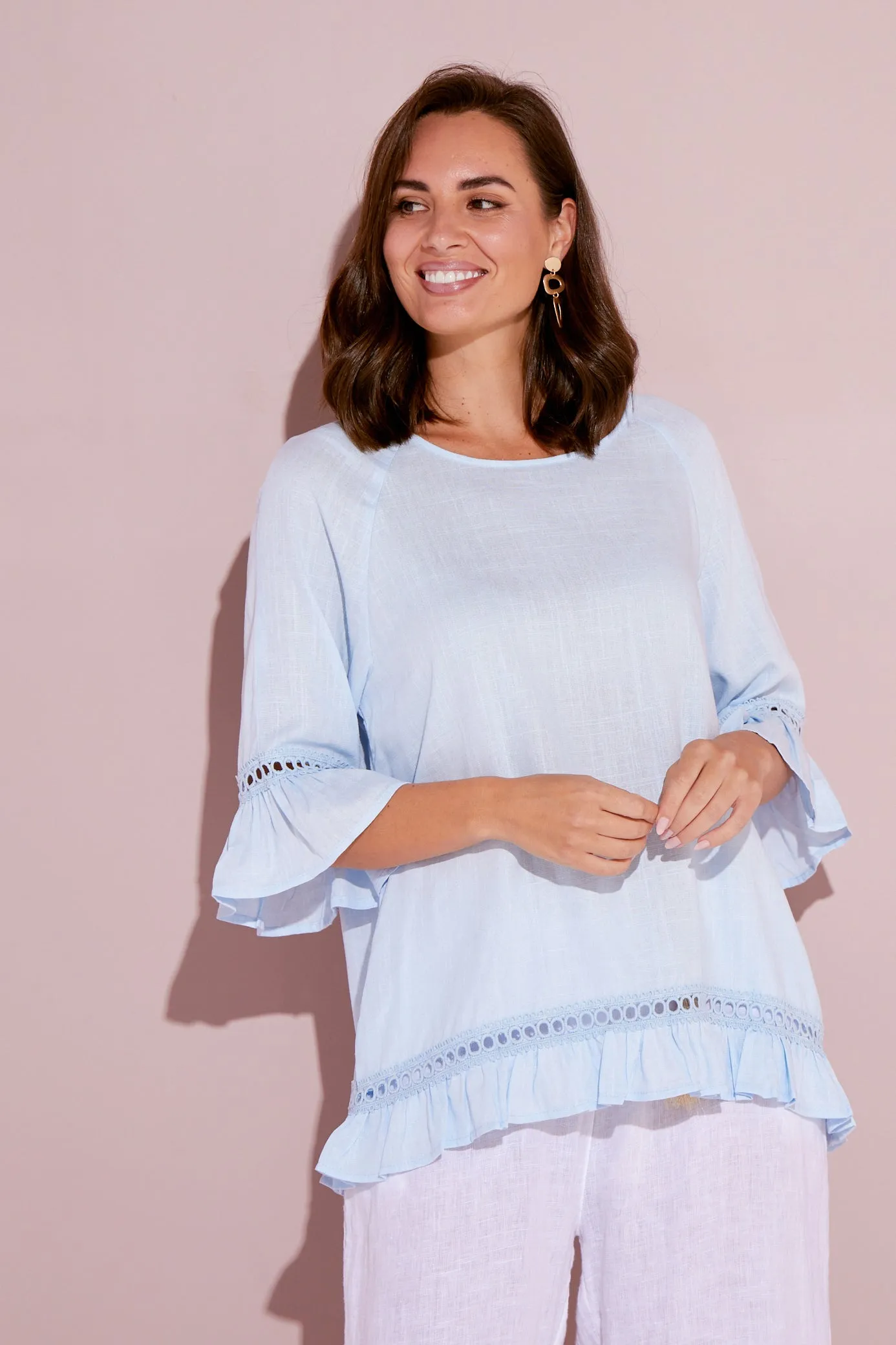 Lorelei Linen Top - Sky Blue