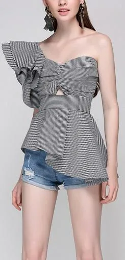 'MarÌ_a De M̬dici' Asymmetrical Peplum Gingham Top