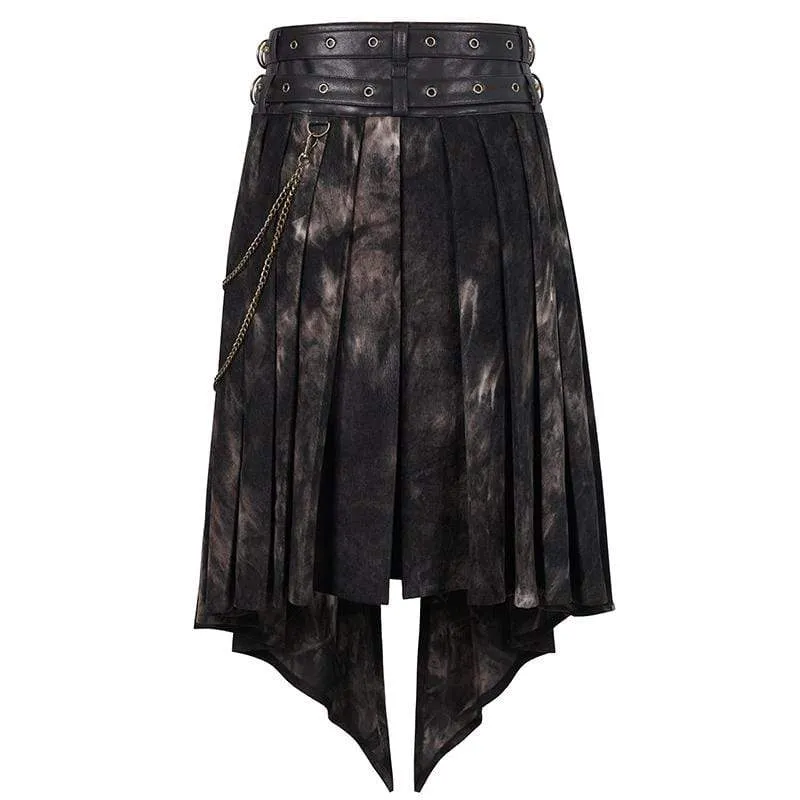 Men's Gothic Tie-dyed Faux Leather Splice Kilt with Belts