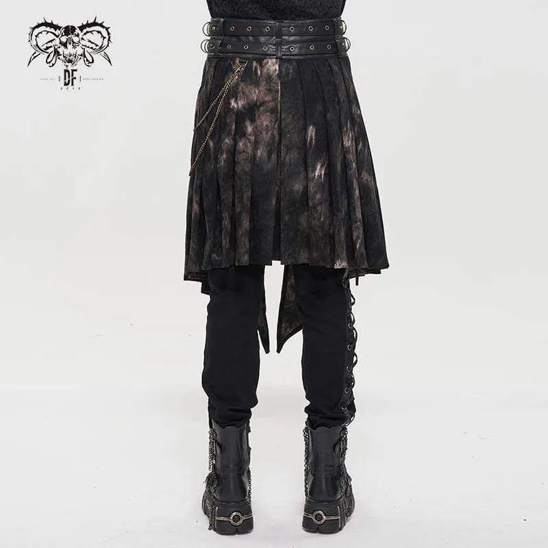 Men's Gothic Tie-dyed Faux Leather Splice Kilt with Belts