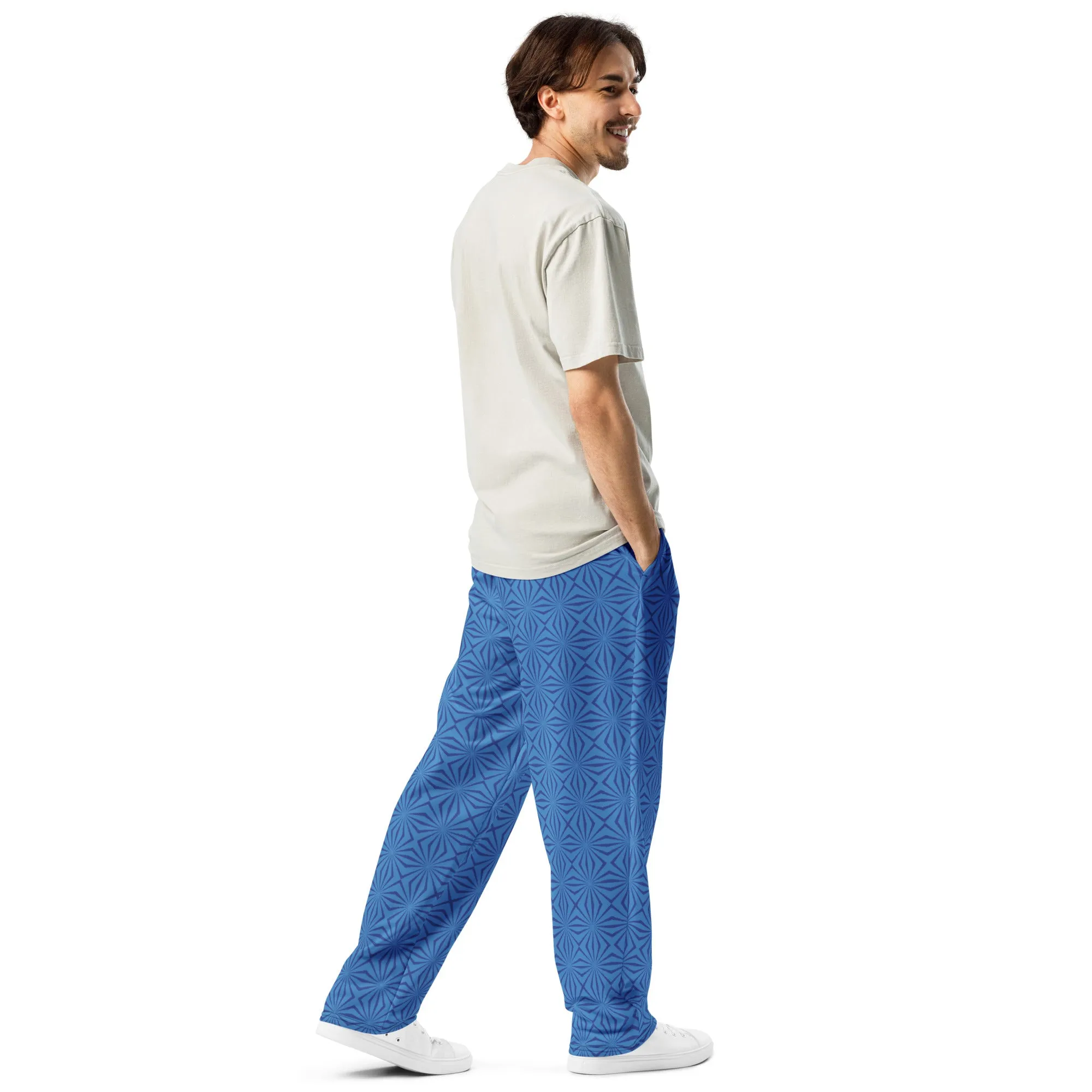 Men's Recycled Polyester Wide-Leg Joggers with Geometric Blue Pattern