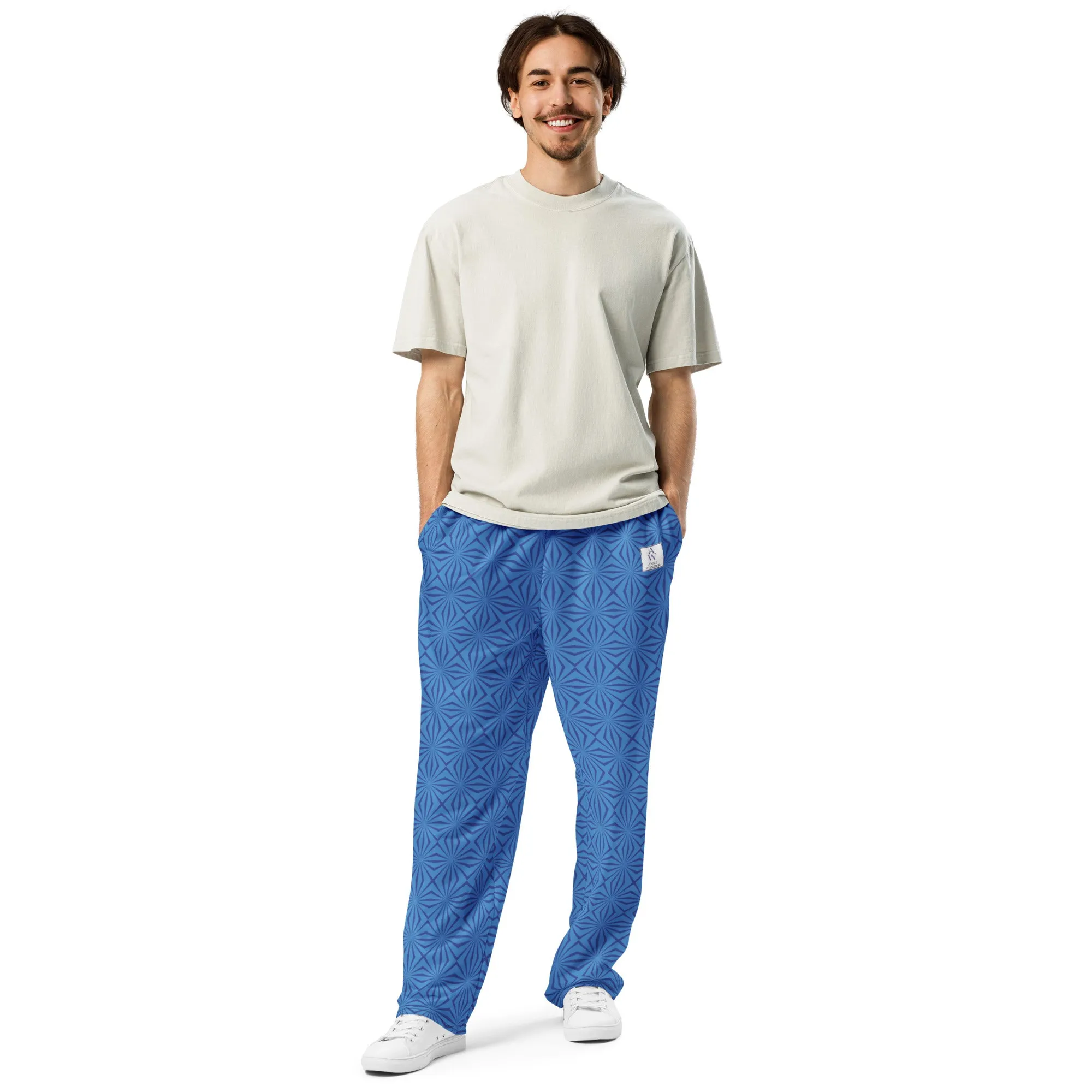 Men's Recycled Polyester Wide-Leg Joggers with Geometric Blue Pattern