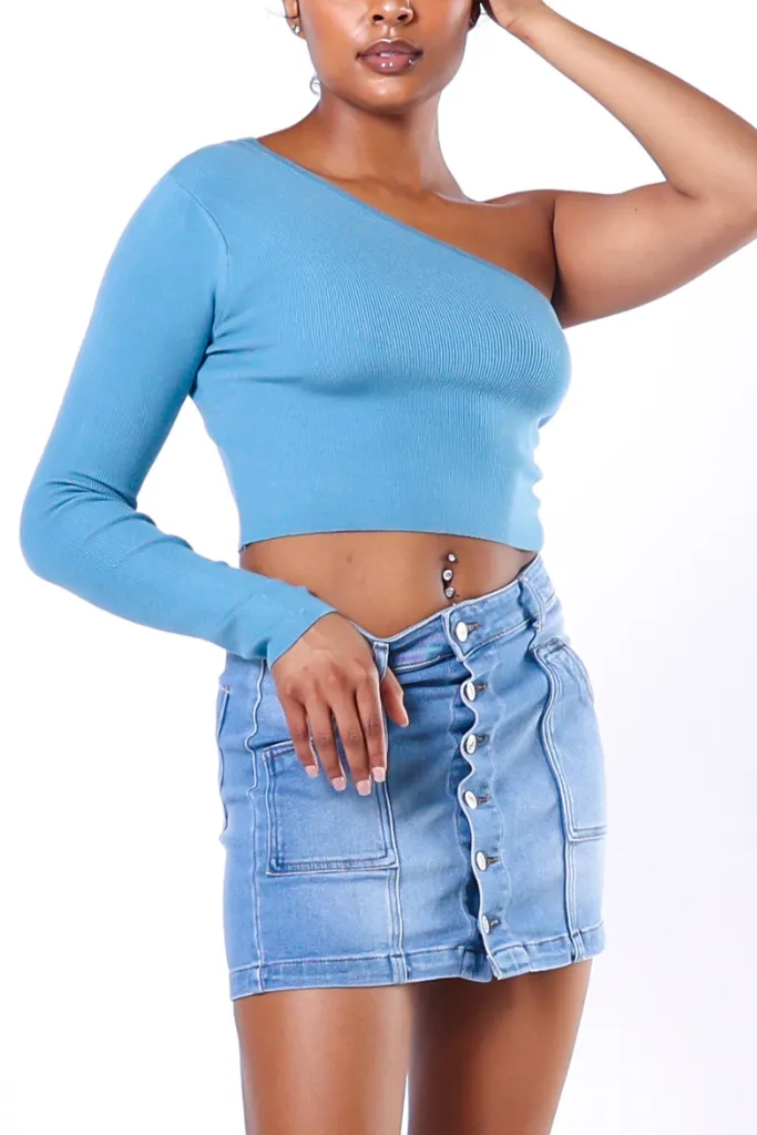 One Shoulder Cropped Knit Top [3 Colors]