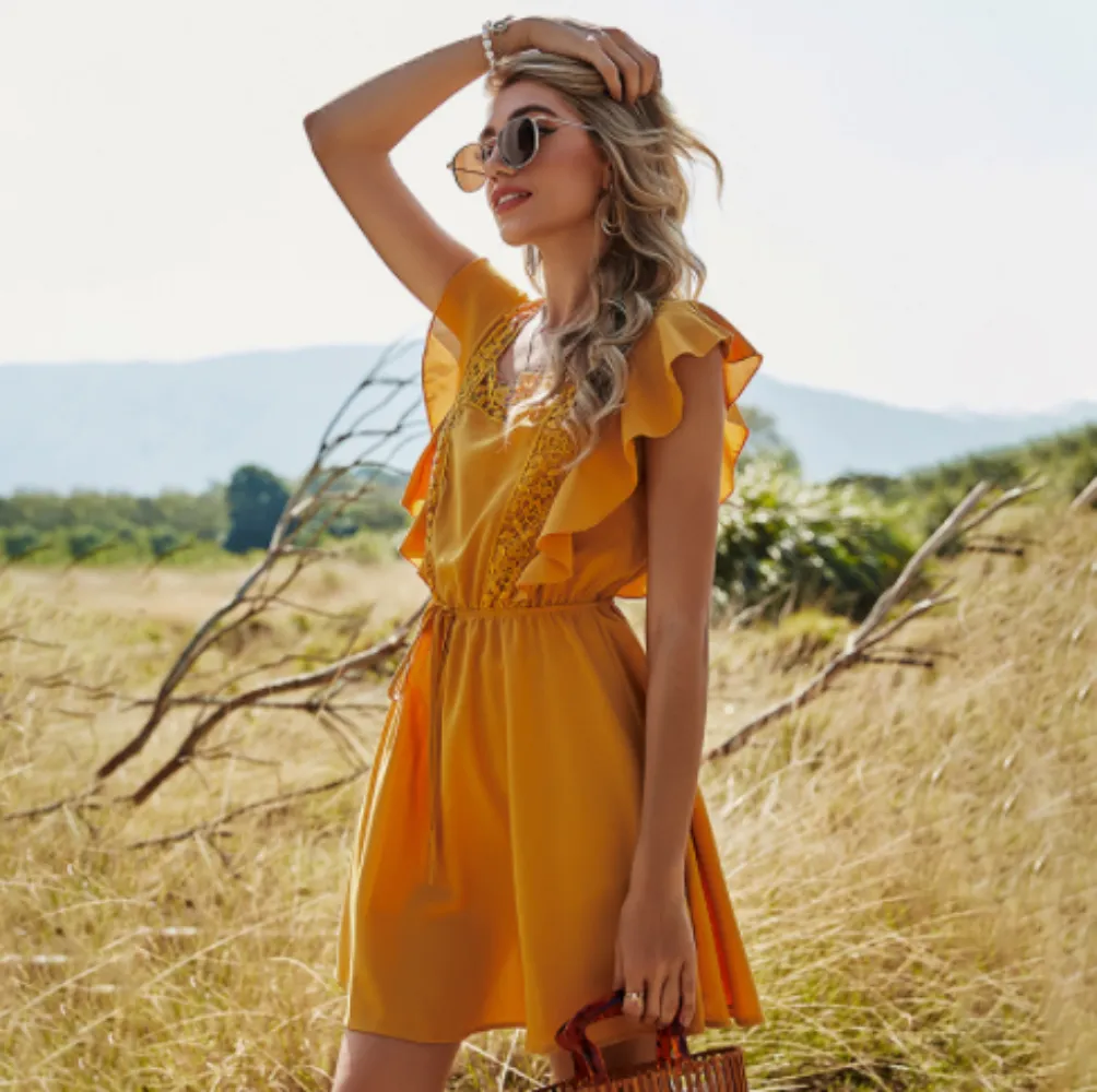 Orange Mini Dress with Ruffle Sleeves