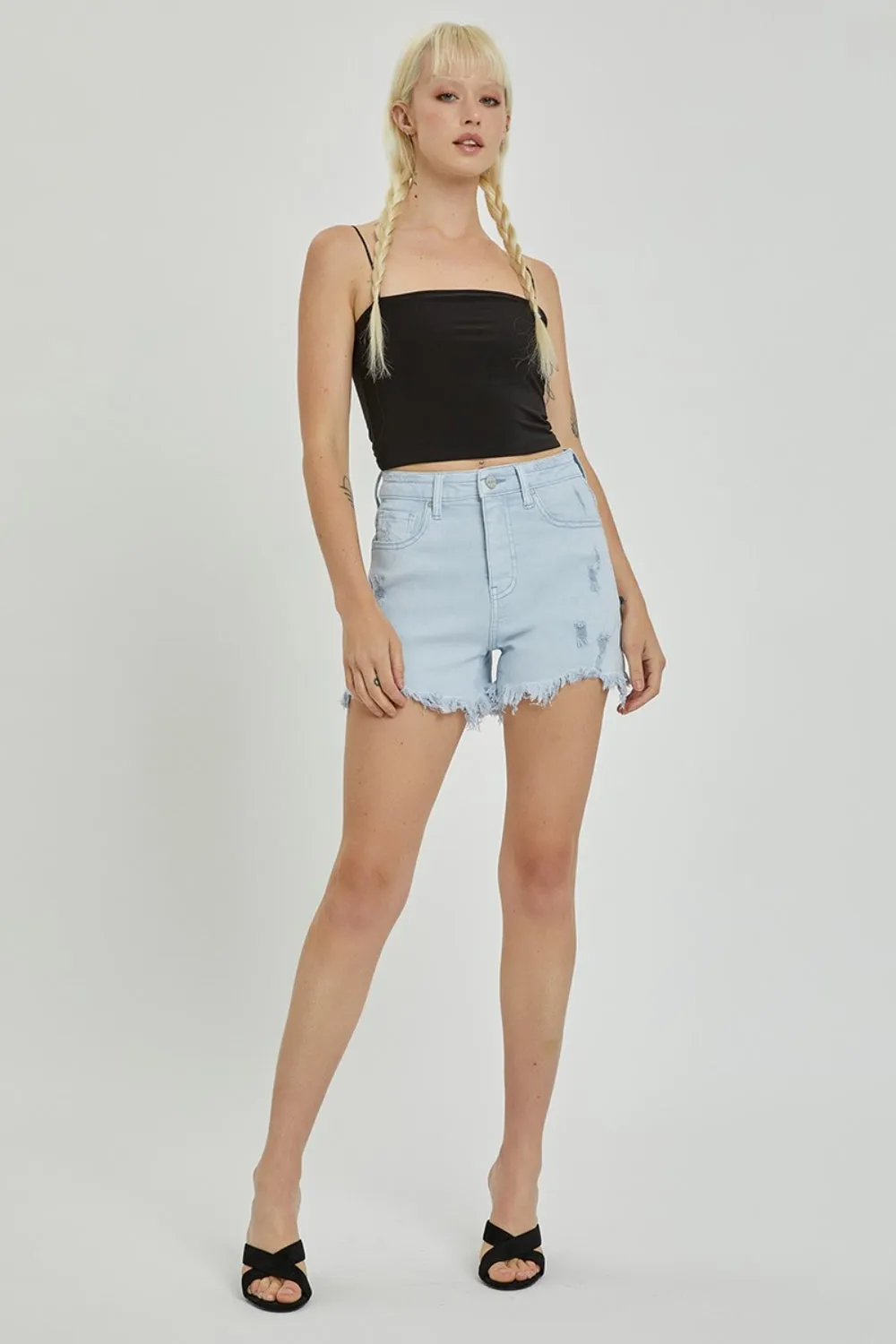 RISEN High Rise Distressed Detail Denim Shorts