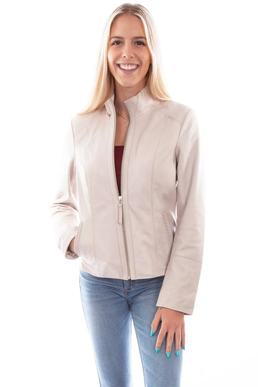 Scully Womens Beige Leather Zip Stand Up Jacket