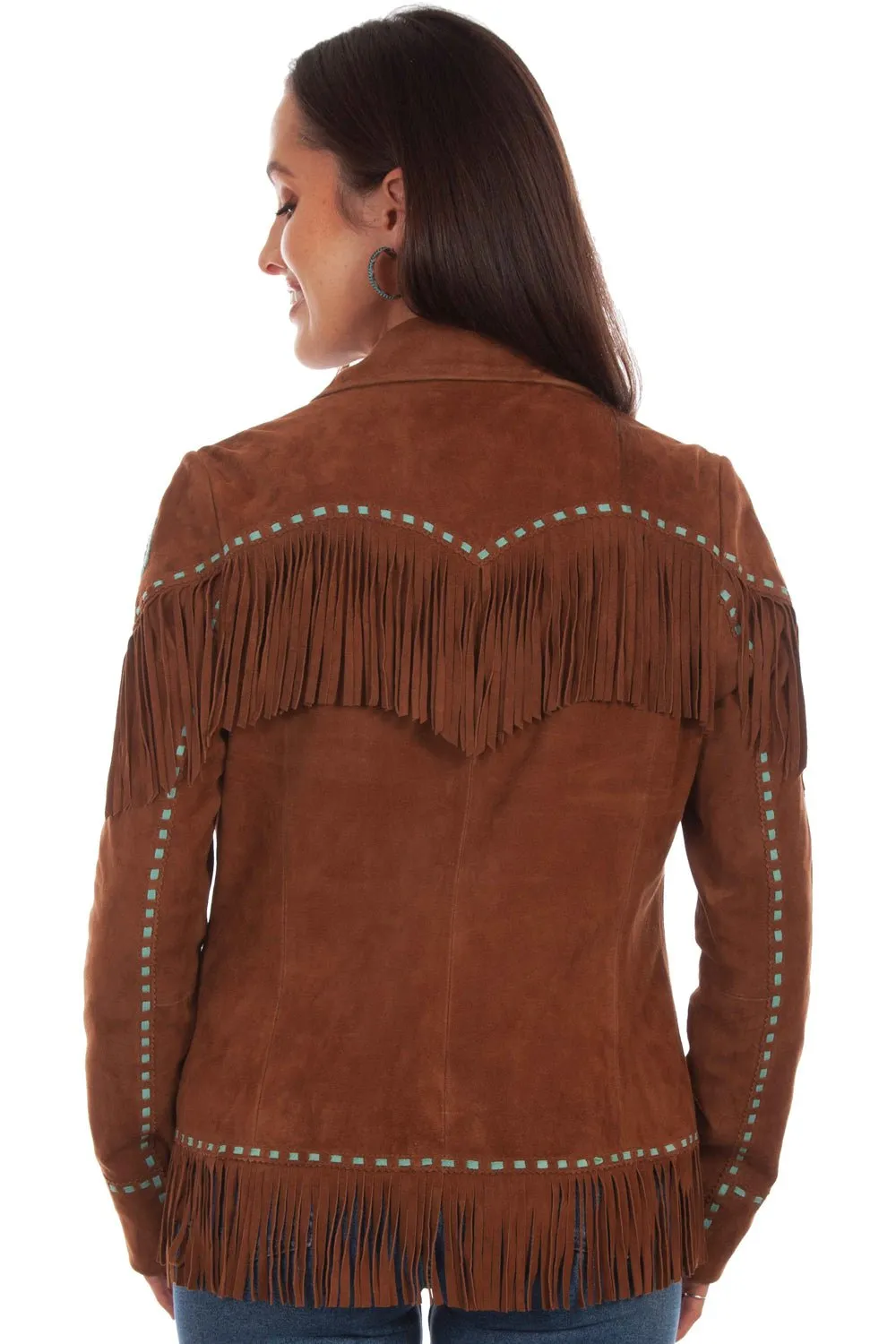 Scully Womens Brown Lamb Suede Leather Pick Stitch Fringe Jacket