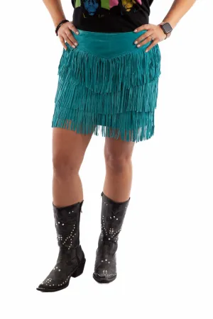 Scully Womens Turquoise Leather Tiered Fringe Skirt XL