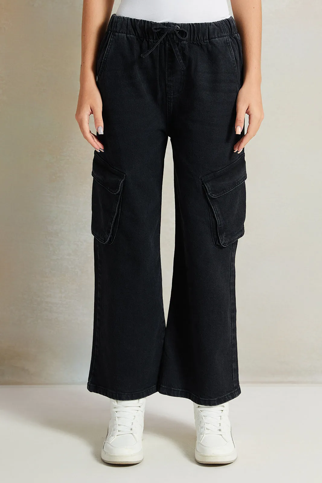 Senior  Black Wide leg Cargo Pocket Jeans