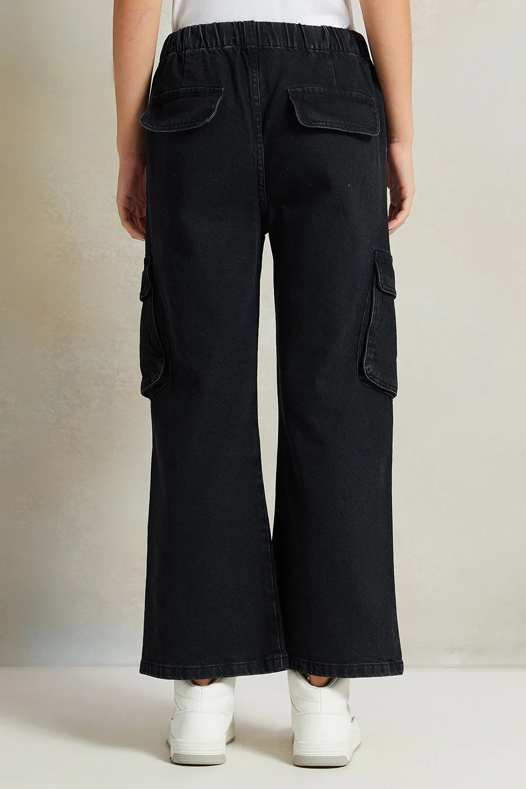 Senior  Black Wide leg Cargo Pocket Jeans