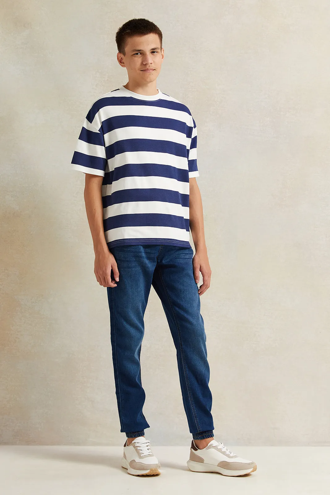 Senior Boys White Striped Navy T-Shirt